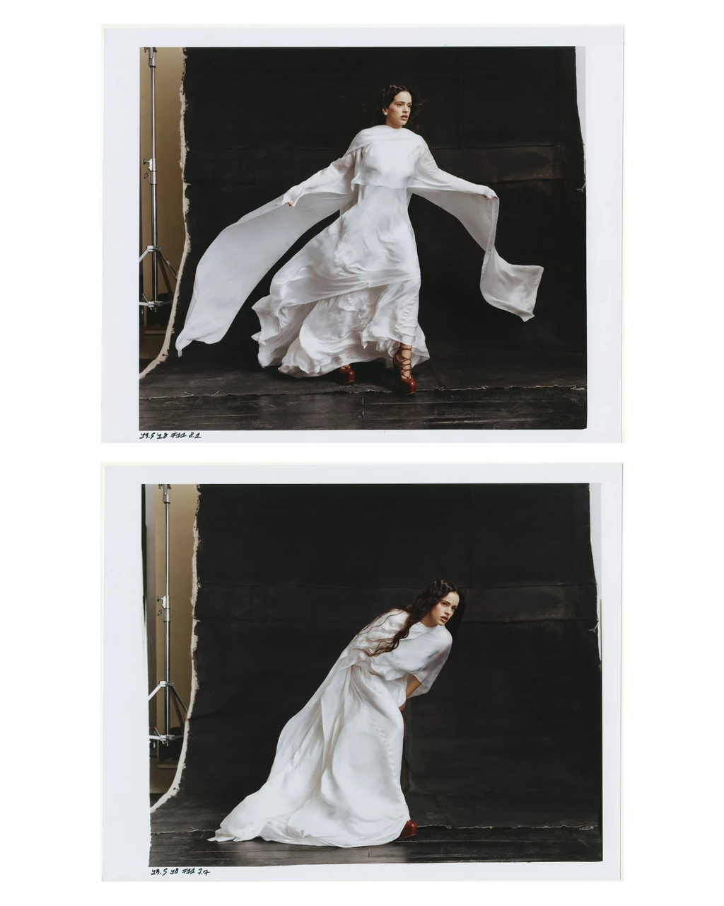 Two colour film photographs from a studio shoot showing a figure in flowing white garments against a dark backdrop.